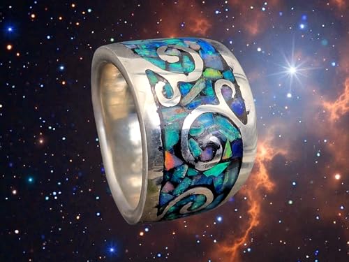 LeoLars-PABE Lightning Ridge Opalsplitter Design Ring, Gr. 56-57, aus 925er Silber, verspielt, verschnörkelt, massiv, Splitter in Kunstoff, Unikat, Handarbeit