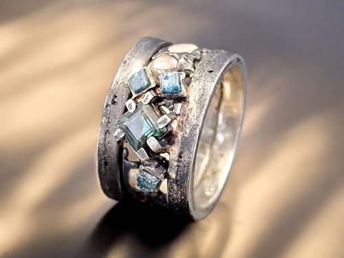 LeoLars-PABE Grüner Turmalin und blaue Rohdiamant Würfel Design Ring aus 925er Silber, Gr. 54 (17,3), geschwärzt, Rau, Natürlich, verspielt, Lavadesign, eingegossene weiße Saphire, Unikat, Handarbeit