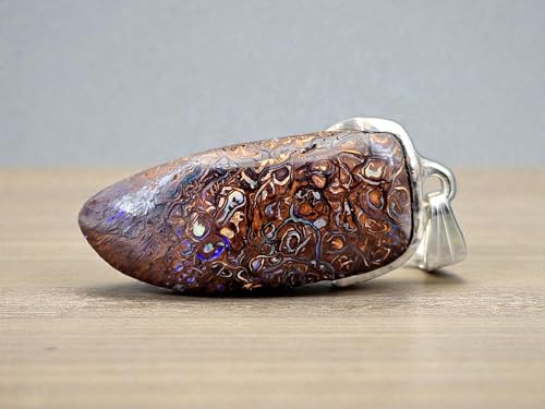 LeoLars-PABE Anhänger mit Boulder Opal aus 925er Silber, schlicht, tolles Muster mit partiellem Opalfeuer in blau-grün, Unikat, Unisex, Handarbeit