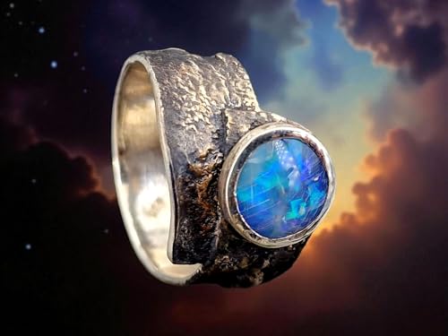 herrlicher Lightning Ridge Opal Design Ring, Gr. 64 (20,5), aus 925er Silber, teilgeschwärzt mit dezenten Goldakzenten, blaugrünes Farbspiel mit Gipsnadeln im Stein, Unikat, Handarbeit, Unisex