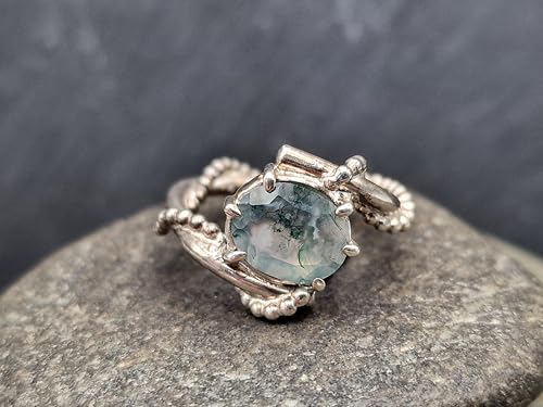 LeoLars-PABE Design Moosachat Ring, Gr.52 (16,7) aus 925er Silber, tolles Innenleben im Stein, facettiert, oval, Nr. 0105, Unikat, Handarbeit