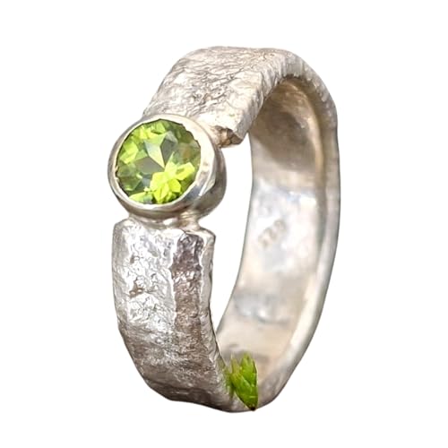 LeoLars-PABE Peridot Design Ring mit angeschmolzener Oberflächen Struktur, Größe 59 (18,7), aus 925er Silber, Peridot rund facettiert, Unikat, Handarbeit