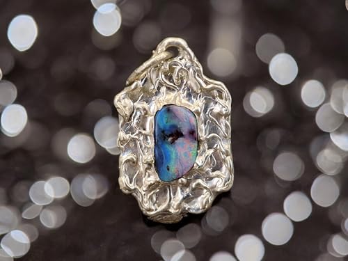 LeoLars-PABE Toller Boulder Opal Design Anhänger mit organisch gestaltetem Rahmen aus 925er Silber, Opal - Picture Stone mit mehrfarbigem Opalfeuer, 16x9mm, Unikat, Handarbeit