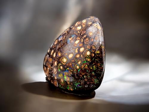 Boulder Opal Anhänger, gebohrt mit 60cm Lederband, Opal mit Kringel Muster und in den Adern herrliches Feuer in verschiedenen Farben, Größe 21mm x 19mm x 8,3mm, Unikat, Handgeschliffen