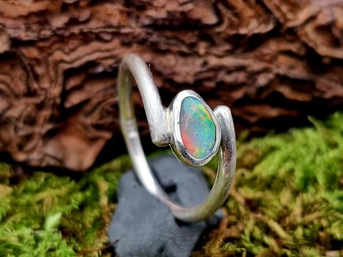 LeoLars-PABE Design Ring mit Lightning Ridge Opal aus 925er Silber, Gr. 56-57 (18,1), mehrfarbiges Opalfeuer, seidenmatt, Unikat, Handarbeit