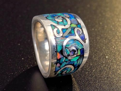 LeoLars-PABE Lightning Ridge Opalsplitter Design Ring, Gr. 56-57, aus 925er Silber, verspielt, verschnörkelt, massiv, Splitter in Kunstoff, Unikat, Handarbeit