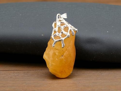 LeoLars-PABE Honiggelber opaker Nordsee Bernstein Design Anhänger aus 925er Silber, natürlich, unbearbeitet, Gitterstruktur Tropfen Design, groß; 52mm x 29,4mm, Unikat, Unisex, Handarbeit