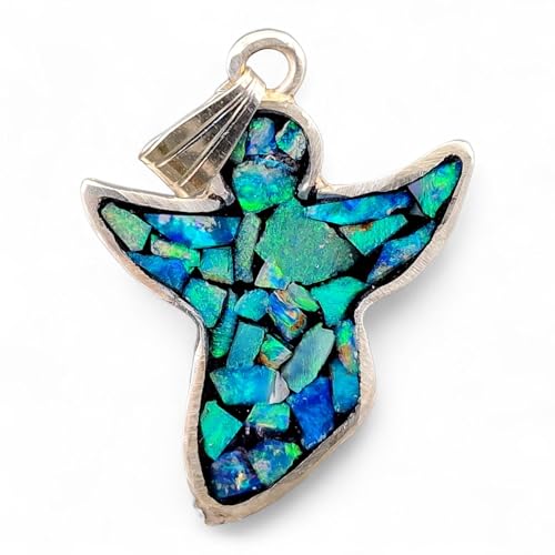 LeoLars-PABE Knallbunter Design Engel Anhänger aus 925er Silber mit Lightning Ridge Opal Splittern, tolles Multicolor Opalfeuer, in Lichtgehärtetem Kunststoff, Unikat, Handarbeit, Unisex