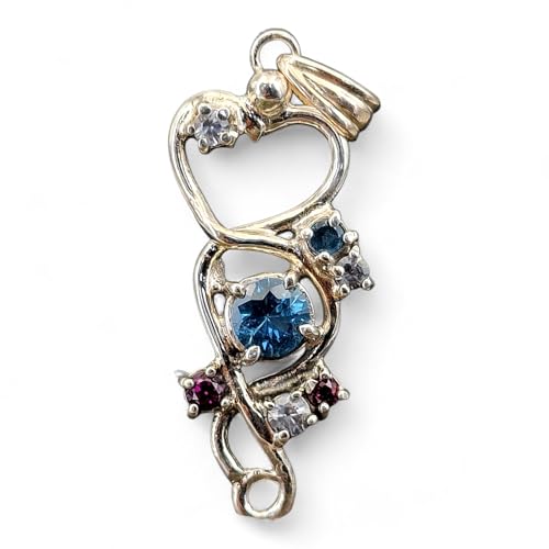 LeoLars-PABE Design Herz Anhänger aus 925er Silber mit Blautopas, Bergkristall und Granat, verspielt und mit Stotzenfassungen, Unikat, Handarbeit