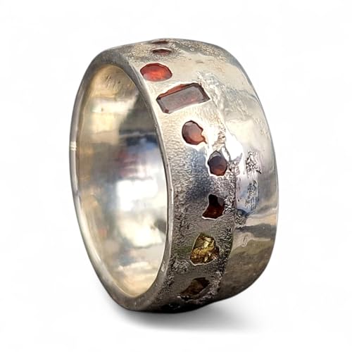 LeoLars-PABE Design Sandguss Chaos Ring, Gr.60 (19,2), aus 925er Silber mit echten eingegossenen Edelsteinen, Unikat, Handarbeit, Nr. 156