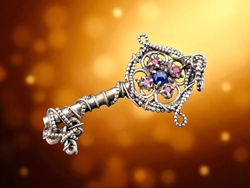 LeoLars-PABE magisch mystischer Design Anhänger aus 925er Silber mit blauem Saphir und vier Granaten, verspielt, zauberhaft, Unikat, Handarbeit