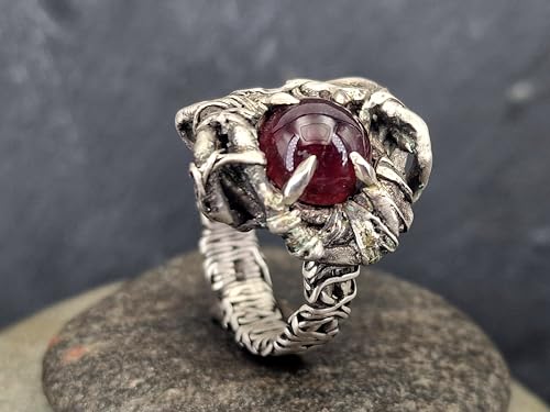 LeoLars-PABE Magischer Granat Design Ring, Gr. 62 (19,7), aus teilgeschwärztem 925er Silber, organisch, verschnörkelt, wild, Krallenfassung, Unikat, Handarbeit, Unisex