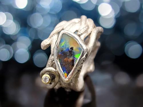 LeoLars-PABE Design Ring mit Bouder Opal in Zargenfassung aus 925er Silber mit Diamant in 585er Goldröhrenfassung in organisch verwurzeltem Design Größe 63 (20), Unisex, Unikat, Handarbeit