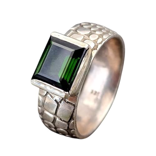 LeoLars-PABE Grüner Chrom-Turmalin Design Ring aus 925er Silber, Gr. 59 (18,7), facettierter Baguetteschliff in geteilter Zargenfassung, Ring mit Schlangenhaut Muster, Unikat, Handarbeit
