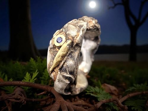 Grober massiver teilgeschwärzter 925er Silber Design Ring, Gr. 59-60 (19), mit Tansanit in 585er Gelbgold Fassung und Goldelementen, natürlich, außergewöhnlich, Unikat, Unisex, Handarbeit