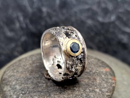 LeoLars-PABE Parti Saphir Lava Design Ring aus 925er Silber und 585er Goldfassung, Ring teilgeschwärzt wie erstarrte Lava, Saphir in grün und blau, Unikat, Handarbeit, Größe 56 (17,8)