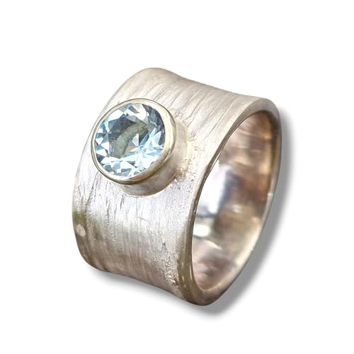 LeoLars-PABE Kräuter 420 Design Ring aus 925er Silber, mit blauem Aquamarin und echter Pflanzen Struktur, Größe 58 (18,5), Unikat, Handarbeit