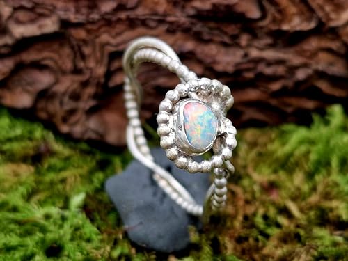 LeoLars-PABE Heller Lightning Ridge Opal Design Ring mit viel rotem Opalfeuer und Multicolor, Gr. 58 (18,5), aus 925er Silber, verspielt, mit Perldraht, Unikat, Handarbeit