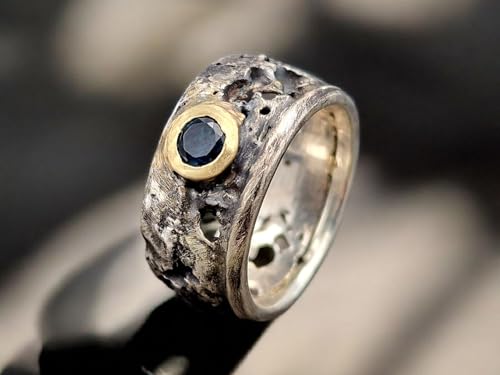 LeoLars-PABE Parti Saphir Lava Design Ring aus 925er Silber und 585er Goldfassung, Ring teilgeschwärzt wie erstarrte Lava, Saphir in grün und blau, Unikat, Handarbeit, Größe 56 (17,8)