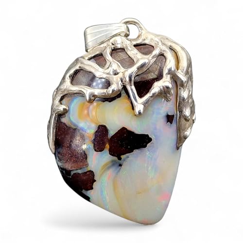 LeoLars-PABE Design Boulder Opal Anhänger aus 925er Silber, organische Gitter Struktur, gemeine weiße Opalschicht mit pastellfarbenem Multicolor Opalfeuer, Unikat, Unisex, Handarbeit