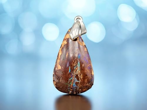 Boulder Opal Anhänger mit Frontbohrung und 925er Silberschlaufe, Opal mit wildem Opaladermuster, in der Mitte partielles Opalfeuer in grün und blau, Maße: 30mm x 18mm x 10,2mm, Unikat, Handgeschliffen