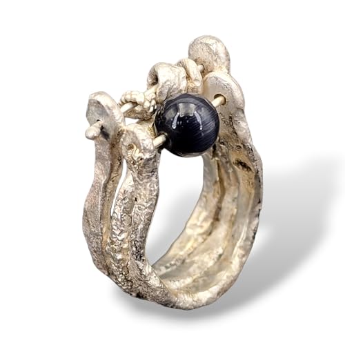 LeoLars-PABE Strandgut Design Ring mit Onyx Perle aus 925er Silber, Gr. 59 (18,7), organisch natürlich, mit beweglichen Strandgut Teilen, Unikat, Handarbeit