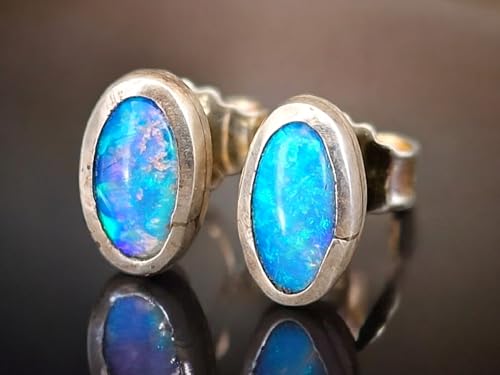 Lightning Ridge Opal Ohrstecker aus 925er Silber mit Flügelmuttern, Opale mit herrlichem grün-blauem Opalfeuer, schlicht, Unikat, Handarbeit