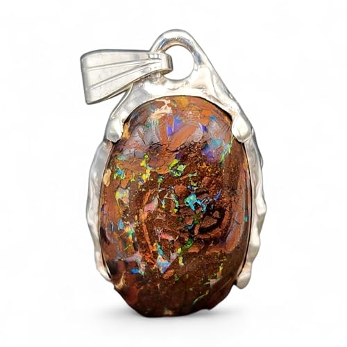 LeoLars-PABE Multicolor Boulder Opal Design Anhänger aus 925er Silber, organische Fassung, Opal Pinfire, aufgeriebene Krappenfassung, Nature Art, Unikat, Unisex, Handarbeit
