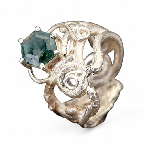LeoLars-PABE Moosachat Ring im Krakendesign aus 925er Silber, Gr. 63-64 (20,3), Moosachat mit schönem Innenleben, facettiert mit Stotzenfassung, Unikat, Handarbeit