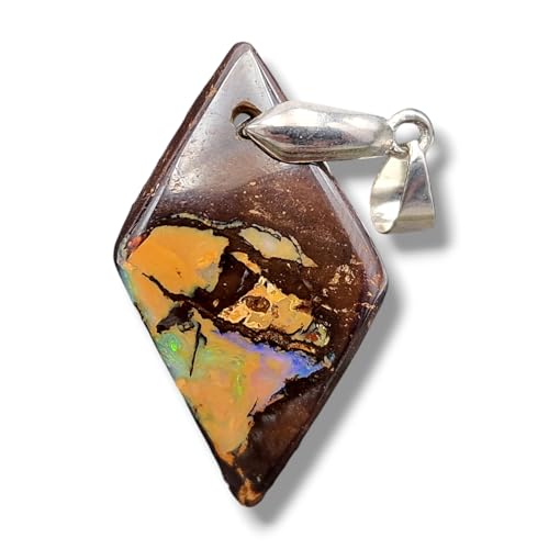 Boulder Opal Anhänger mit Frontbohrung und Schlaufe aus 925er Silber, schönes Grundfarbenmuster, partielles Opalfeuer in grün und blau, Maße: 33,9mm x 19,6mm x 7,3mm, Unikat, Handgeschliffen