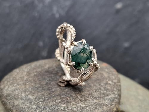 LeoLars-PABE Moosachat Design Ring aus 925er Silber verspielt verschnörkelt, schönes Innenleben, facettiert, oval, Gr. 60 (19,3), Unikat, Handarbeit, Nr. 0104