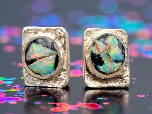 Lightning Ridge Opal Ohrstecker aus 925er Silber, Multicolor Opalsplitter Mosaik, mit Flügelmutter, Unikat, Handarbeit, Unisex