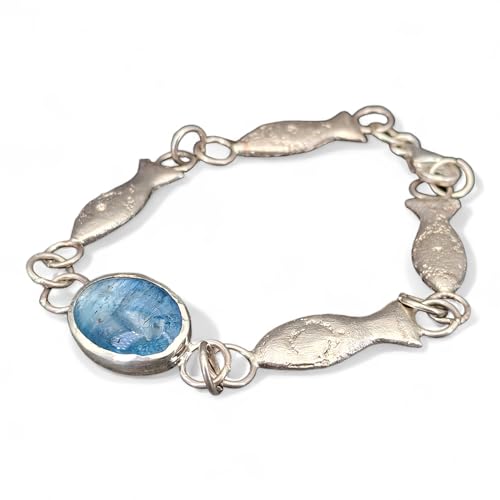 LeoLars-PABE Aquamarin Fisch Design Armband aus 925er Silber, dunkelblauer Aquamarin Cabochon, vier Sandguss Fische, 20cm lang, Unikat, Handarbeit