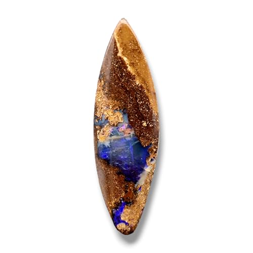 LeoLars-PABE Boulder Opal Anhänger im Navetteschliff, gebohrt mit 60cm Lederband, klare Opalschicht mit intensiv Lila Opalfeuer, Maße: 37,2mm x 11,2mm x 8,5mm, Unikat, Handgeschliffen