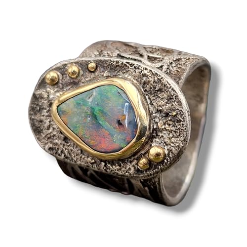 LeoLars-PABE Lightning Ridge Opal Design Ring, Gr. 58 (18,5) aus 925er Silber, Opal Multicolor 12,8x9,2mm mit 585er Goldfassung und Goldelementen, breit, verspielt, organisch, Unikat, Handarbeit