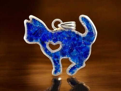 LeoLars-PABE Hauyn Design Katzen Anhänger aus 925er Silber, Steine in Kunststoff eingegossen, tolles blau, unter UV-Licht orange leuchtend, Katze, Katzenliebhaber, Unikat, Handarbeit, Unisex