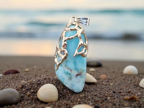 LeoLars-PABE Larimar Design Anhänger aus 925er Silber, organische Gitter Struktur, herrliches Karibik blau, Unikat, Design, Unisex, Handarbeit