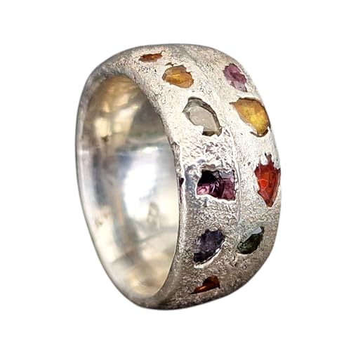 Design Sandguss Chaos Ring aus 925er Silber mit echten größeren eingegossenen verschieden farbigen Saphiren, Sandguss typische Oberflächen Struktur, Nr.138, Unikat, Handarbeit, Größe 54 (17,2)
