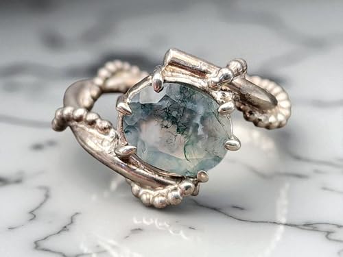 LeoLars-PABE Design Moosachat Ring, Gr.52 (16,7) aus 925er Silber, tolles Innenleben im Stein, facettiert, oval, Nr. 0105, Unikat, Handarbeit