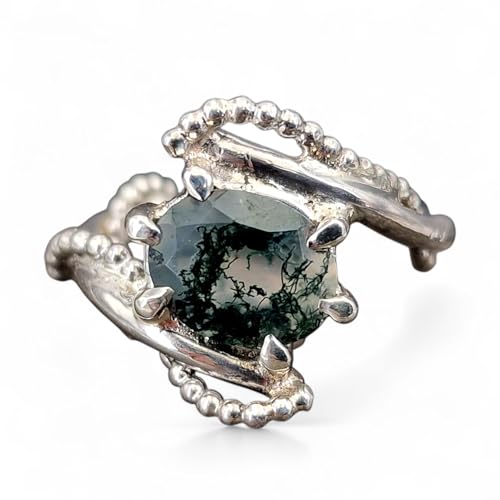 LeoLars-PABE Moosachat Design Ring mit perldraht verziert und geschwungener Ringschiene, Gr. 56-57 (18,2), aus 925er Silber mit Krappenfassung, verspielt, Unikat, Handarbeit