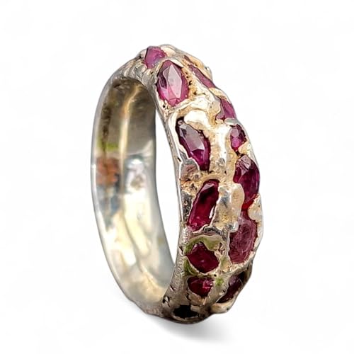 LeoLars-PABE Sandguss Design Chaos Ring, Gr. 56-57 (18), aus 925er Silber mit vielen eingegossenen Rubinen, Sandguss Oberfläche, Unikat, Handarbeit