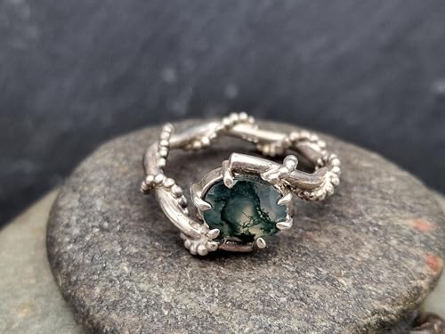 LeoLars-PABE Moosachat Design Ring aus 925er Silber verspielt verschnörkelt, schönes Innenleben, facettiert, oval, Gr. 60 (19,3), Unikat, Handarbeit, Nr. 0104