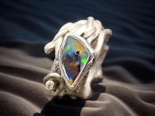 LeoLars-PABE Design Ring mit Bouder Opal in Zargenfassung aus 925er Silber mit Diamant in 585er Goldröhrenfassung in organisch verwurzeltem Design Größe 63 (20), Unisex, Unikat, Handarbeit