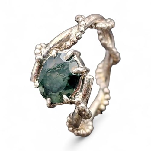 LeoLars-PABE Moosachat Design Ring aus 925er Silber verspielt verschnörkelt, schönes Innenleben, facettiert, oval, Gr. 60 (19,3), Unikat, Handarbeit, Nr. 0104