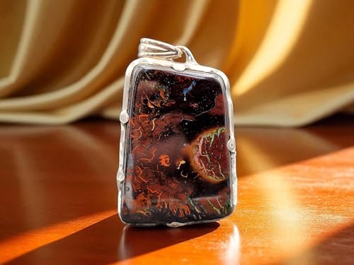 LeoLars-PABE Boulder Opal Design Anhänger aus 925er Silber, Opal Picture Stone mit tollem Muster und partiell mehrfarbigem Opalfeuer, Gitterfassung, Unikat, Handarbeit, Unisex
