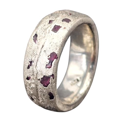 LeoLars-PABE Sandguss Design Chaos Ring, Gr. 57 (18,3), Nr. 155, aus 925er Silber mit kleinen echten eingegossenen Rubinen, Sandguss Oberfläche, Unikat, Handarbeit