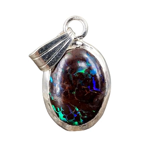 LeoLars-PABE Boulder Matrix Opal Anhänger aus 925er Silber, viele Opaladern mit brilliantem Opalfeuer in grün und blau, Zargenfassung, schlicht, Unikat, Handarbeit