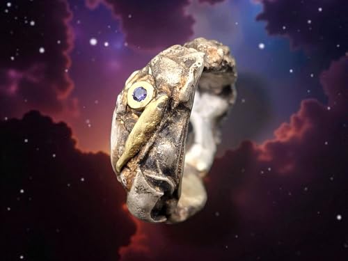 Grober massiver teilgeschwärzter 925er Silber Design Ring, Gr. 59-60 (19), mit Tansanit in 585er Gelbgold Fassung und Goldelementen, natürlich, außergewöhnlich, Unikat, Unisex, Handarbeit