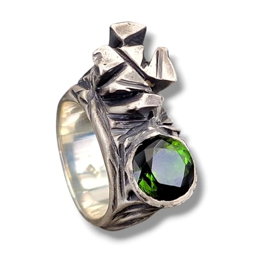 LeoLars-PABE massiver organischer Turmalin Design Ring aus 925er Silber, dunkelgrüner Turmalin, organisch gewachsen und steinernes Design, Größe: 57 (18,2), Unikat, Handarbeit