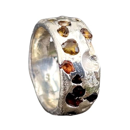 LeoLars-PABE Sandguss Chaos Blubber Design Ring aus 925er Silber, Größe 61 (19,5), mit echten verschieden farbigen eingegossenen Saphiren, Sandguss Struktur, Nr.139, Unikat, Handarbeit, Unisex
